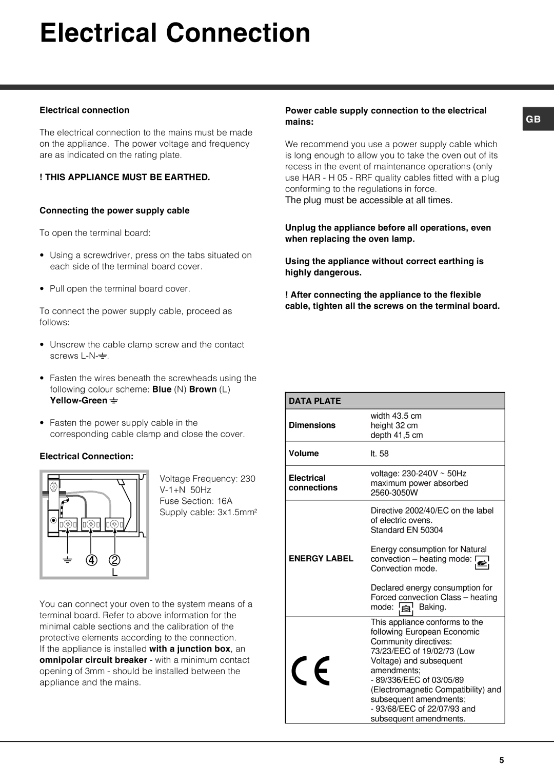 Hotpoint SE100PX manual Electrical Connection, This Appliance Must be Earthed 