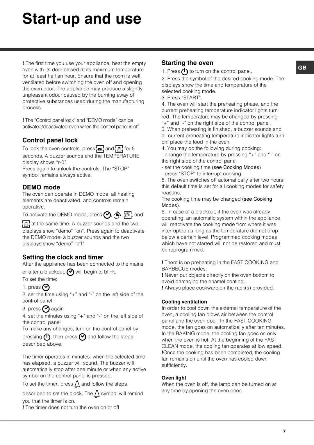 Hotpoint SE100PX manual Start-up and use, Control panel lock, Demo mode, Setting the clock and timer, Starting the oven 