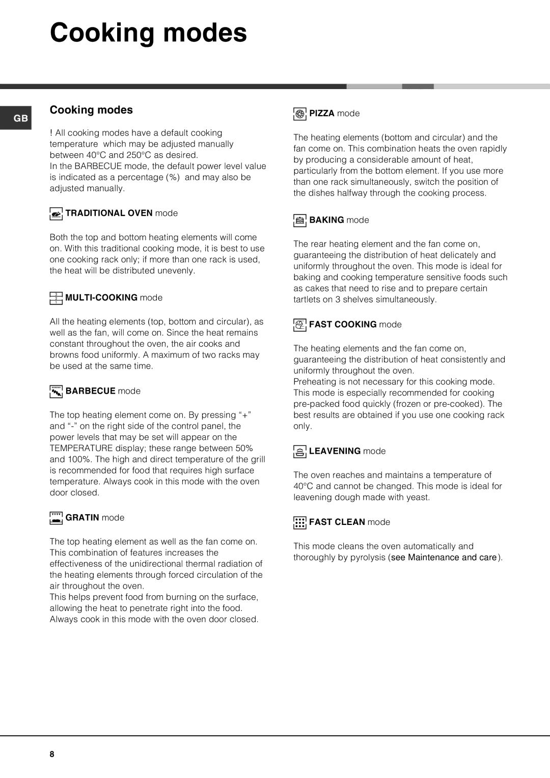 Hotpoint SE100PX manual Cooking modes 