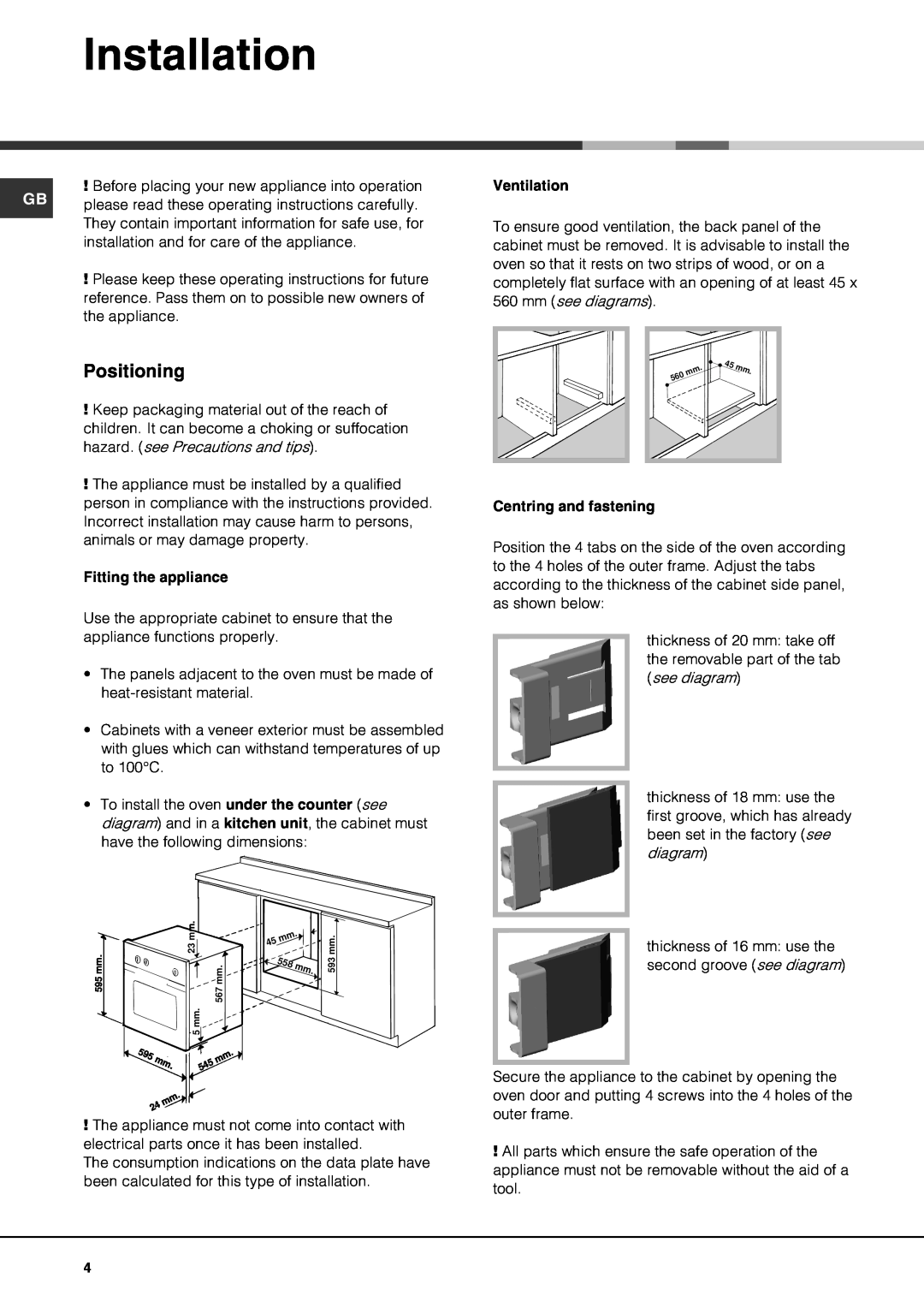Hotpoint SE100PX manual Installation, Positioning 