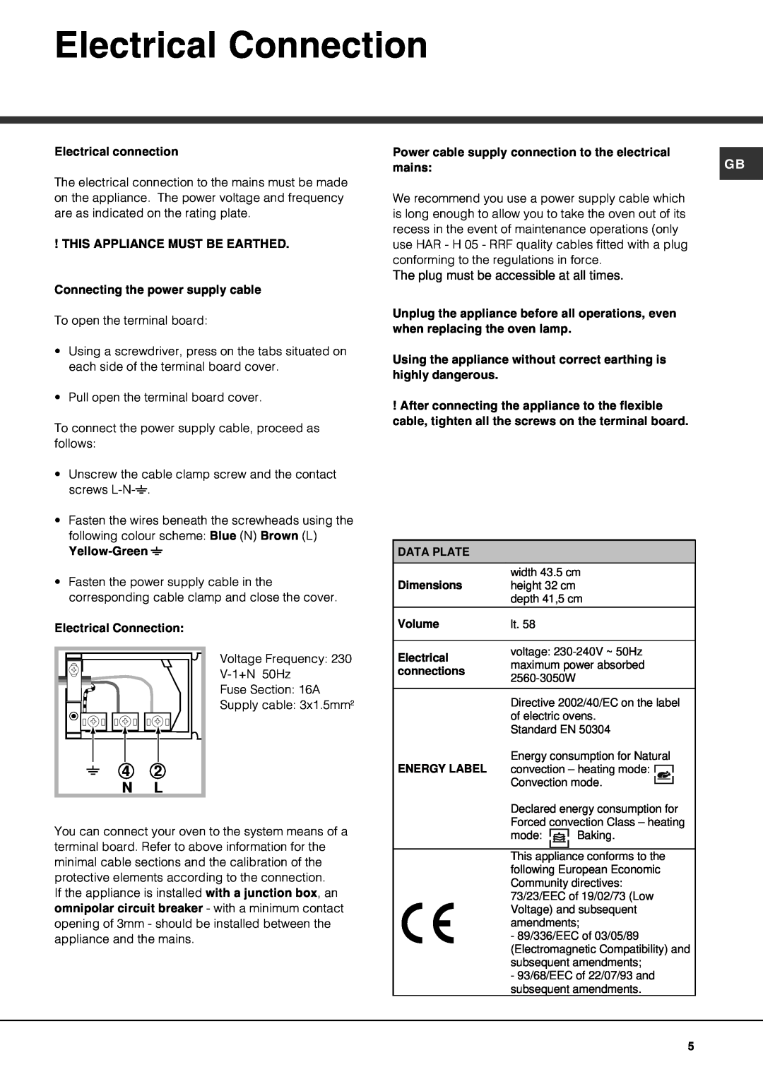 Hotpoint SE100PX manual Electrical Connection, 4 2 N L 