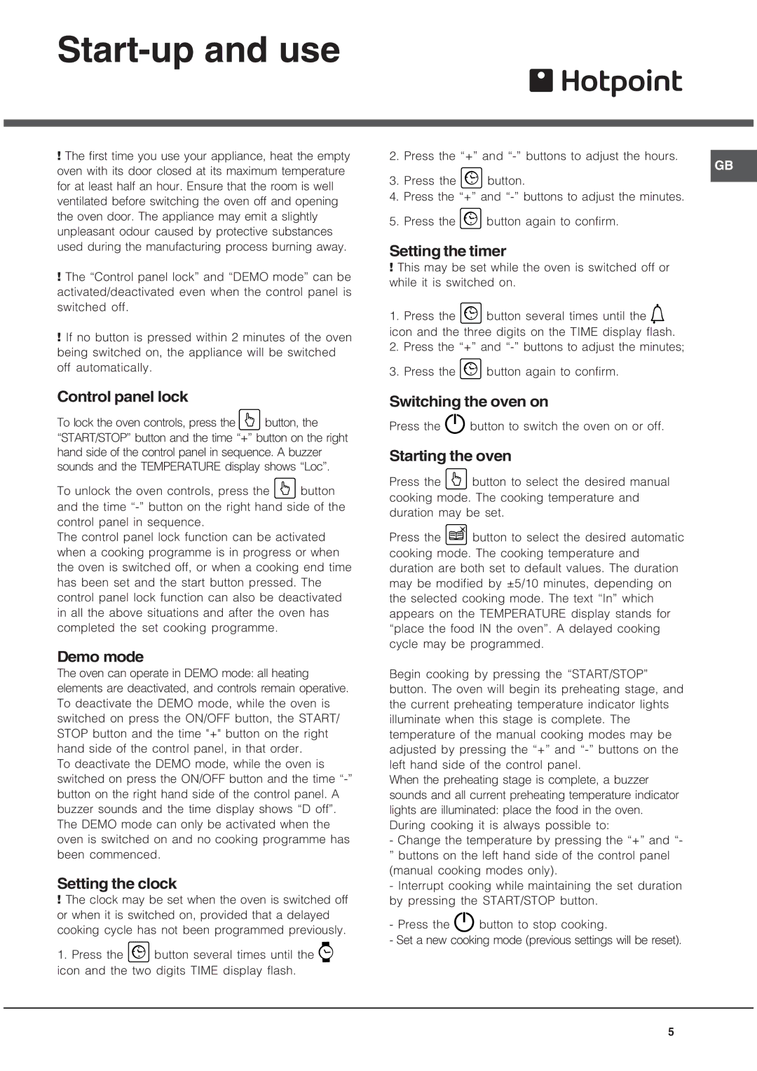 Hotpoint SE1012X manual Start-up and use 