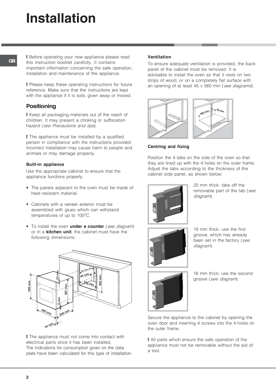 Hotpoint SE101PGX manual Installation, Positioning 