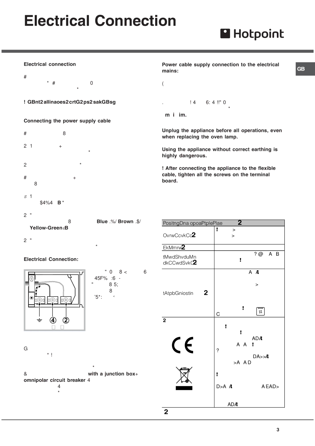 Hotpoint SE101PGX manual Electrical Connection, This Appliance Must be Earthed 