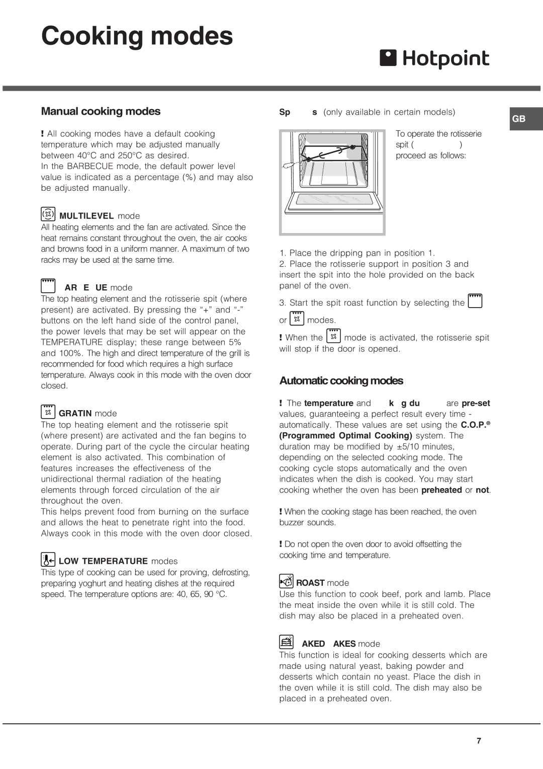 Hotpoint SE101PGX manual Cooking modes, Manual cooking modes, Automatic cooking modes 