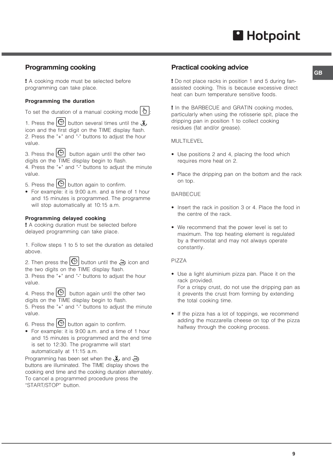 Hotpoint SE101PGX manual Programming cooking, Practical cooking advice 