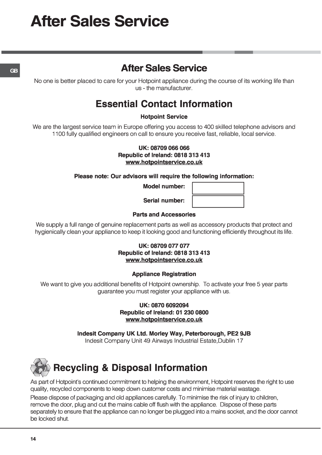 Hotpoint SE101PGX manual After Sales Service, Essential Contact Information, Recycling & Disposal Information 