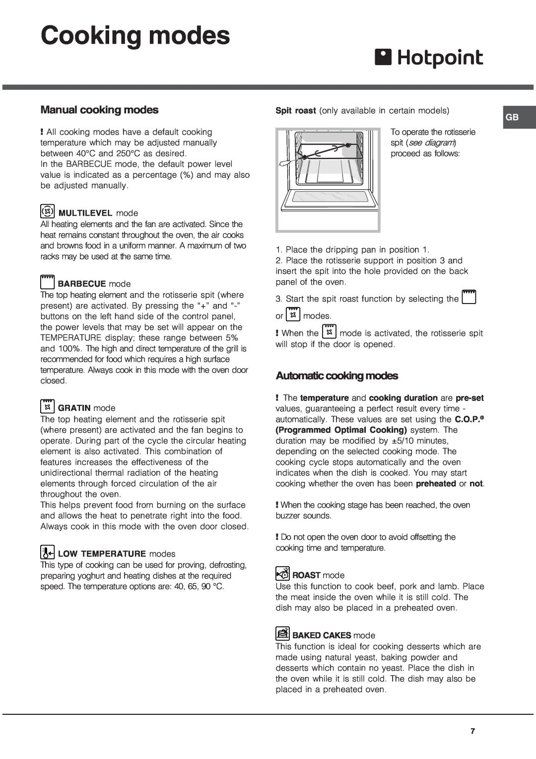 Hotpoint SE101PGX manual Cooking modes, Manual cooking modes, Automatic cooking modes 