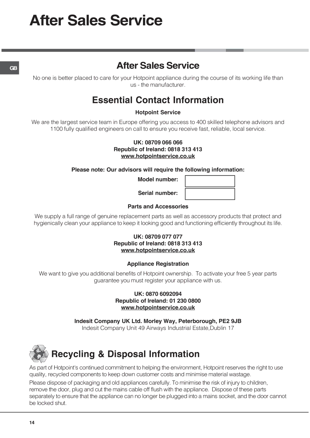 Hotpoint SE101PX manual After Sales Service 