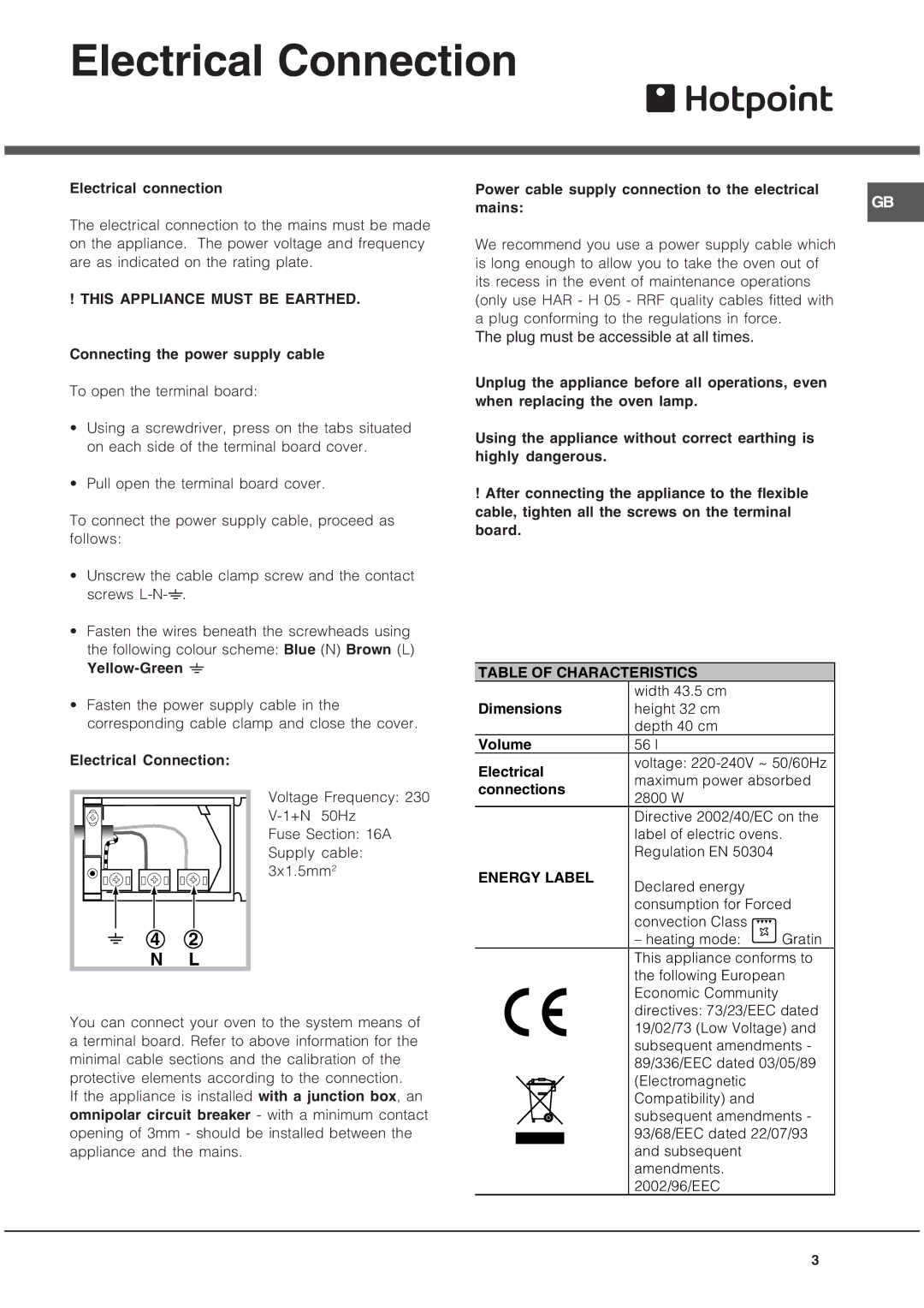 Hotpoint SE101PX manual Electrical Connection, This Appliance Must be Earthed 