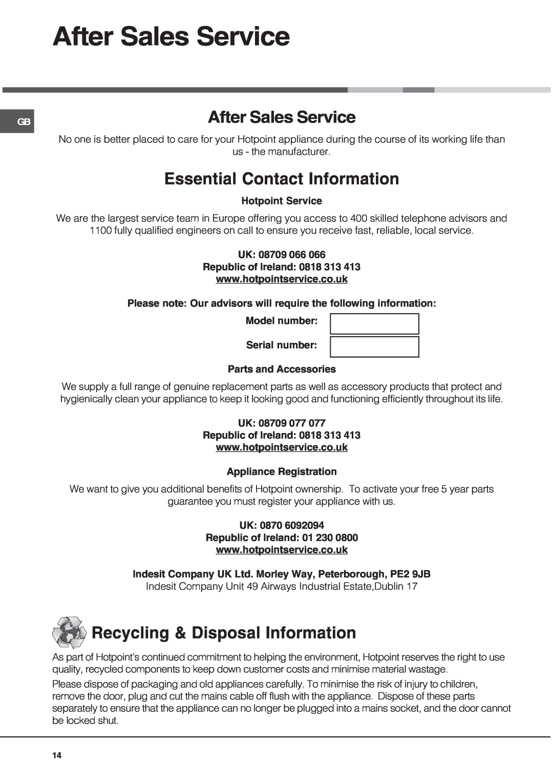 Hotpoint SE101PX manual After Sales Service, Essential Contact Information, Recycling & Disposal Information 