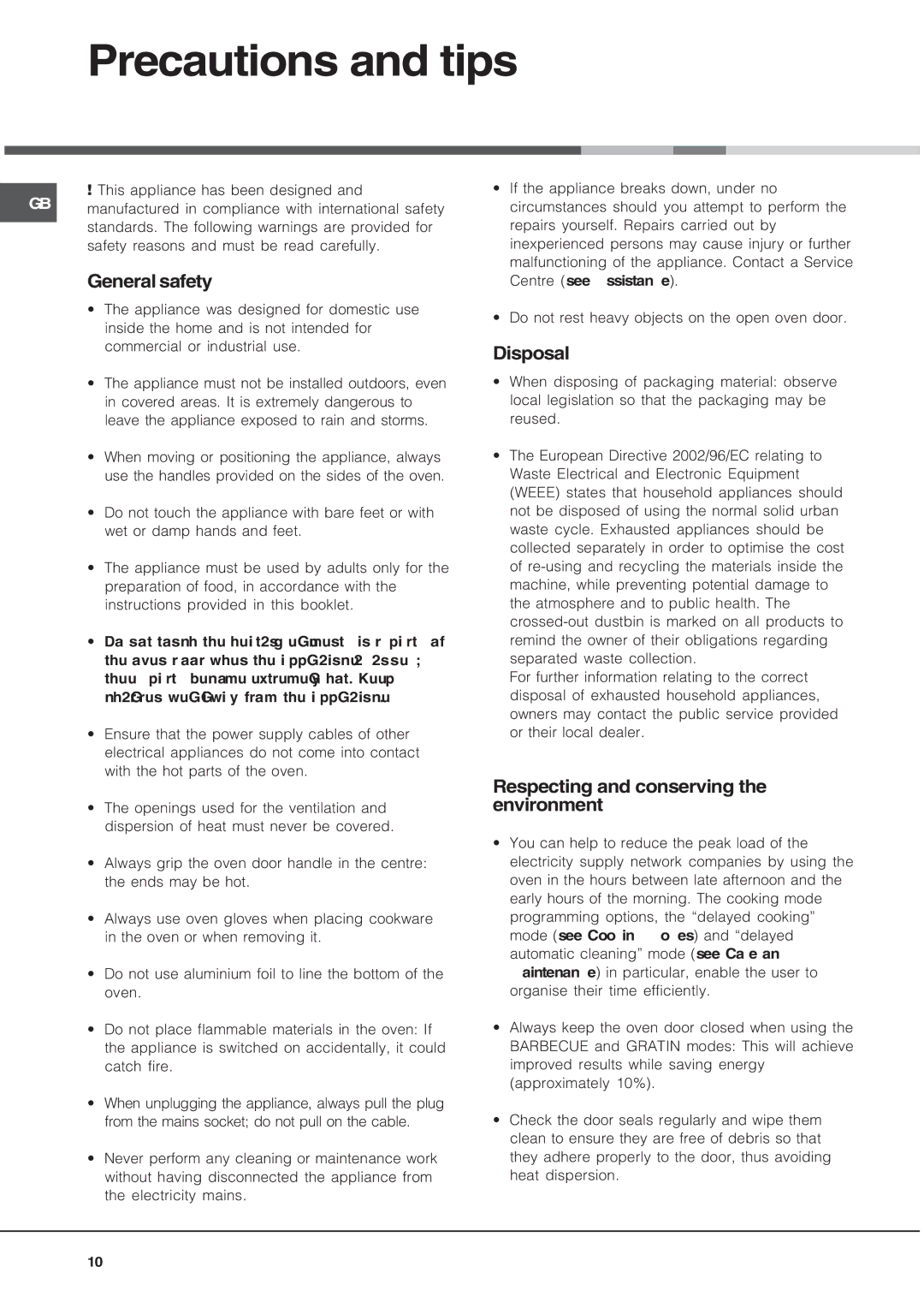 Hotpoint SE1022X manual Precautions and tips, General safety, Disposal, Respecting and conserving the environment 