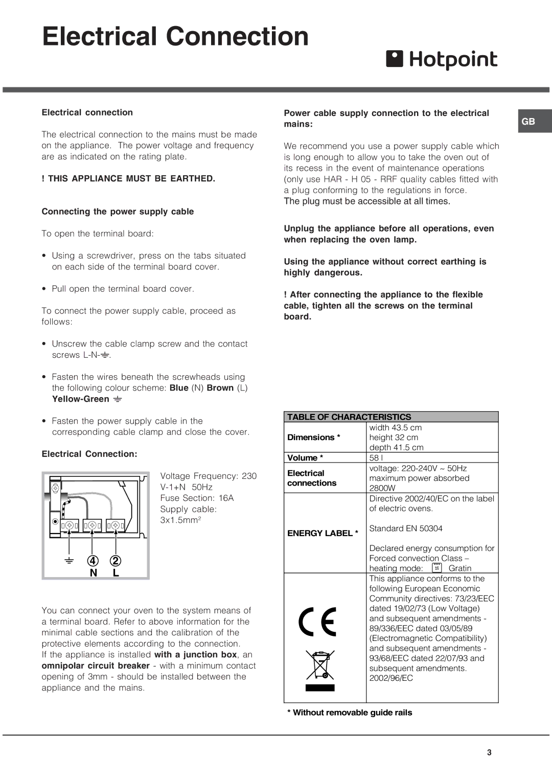 Hotpoint SE1022X manual Electrical Connection, This Appliance Must be Earthed 