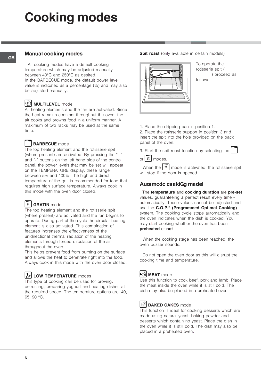 Hotpoint SE1022X manual Cooking modes, Manual cooking modes, Automatic cooking modes 