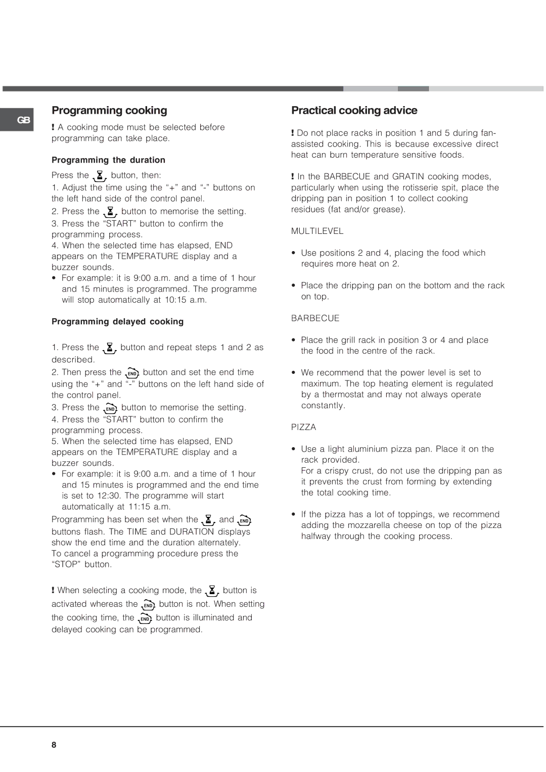 Hotpoint SE1022X manual Programming cooking, Practical cooking advice 