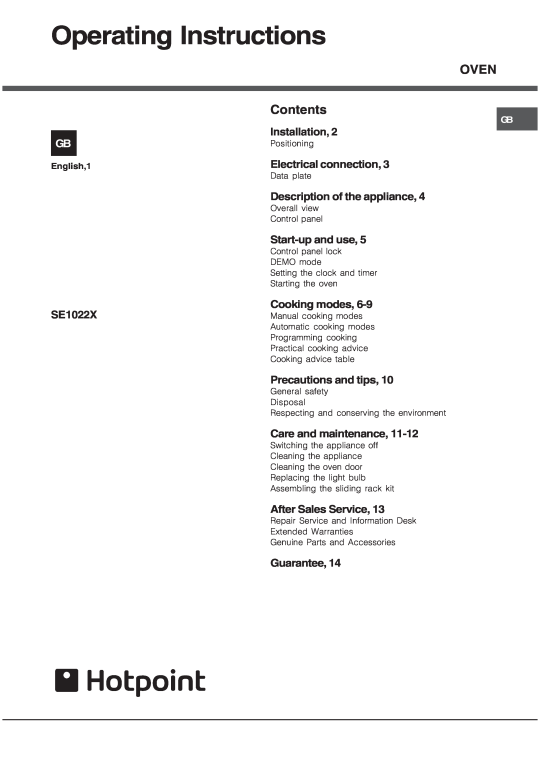Hotpoint SE1022X manual Operating Instructions, OVEN Contents 