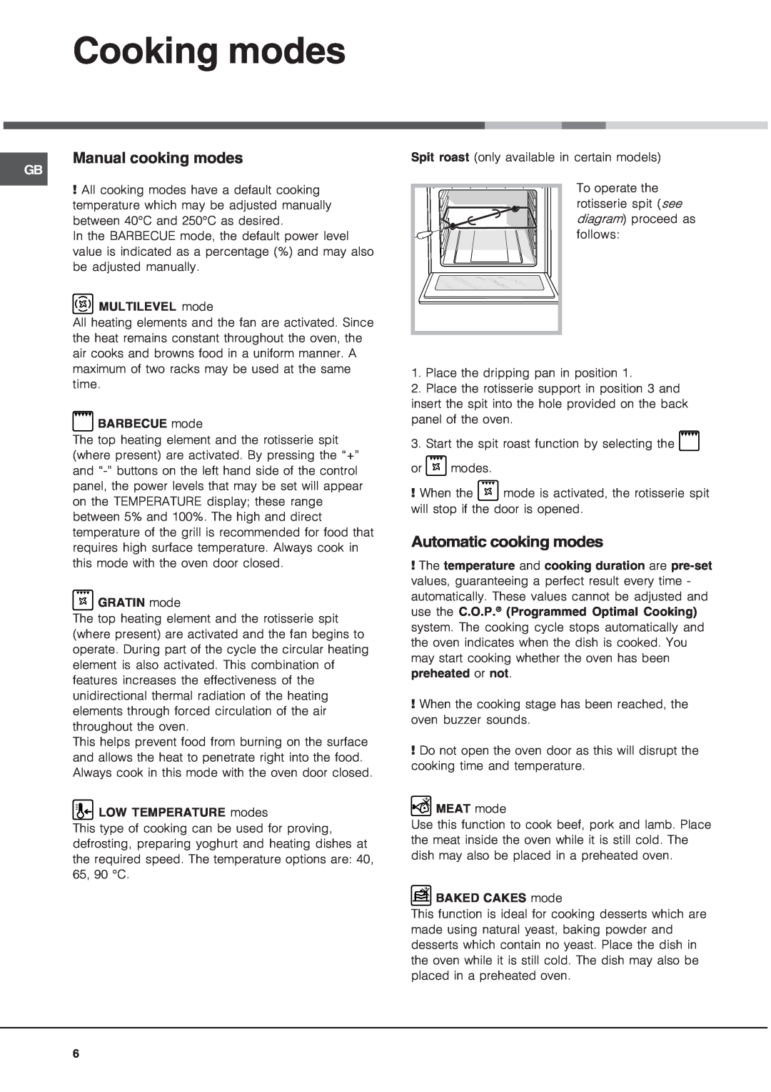 Hotpoint SE1022X manual Cooking modes, Manual cooking modes, Automatic cooking modes 