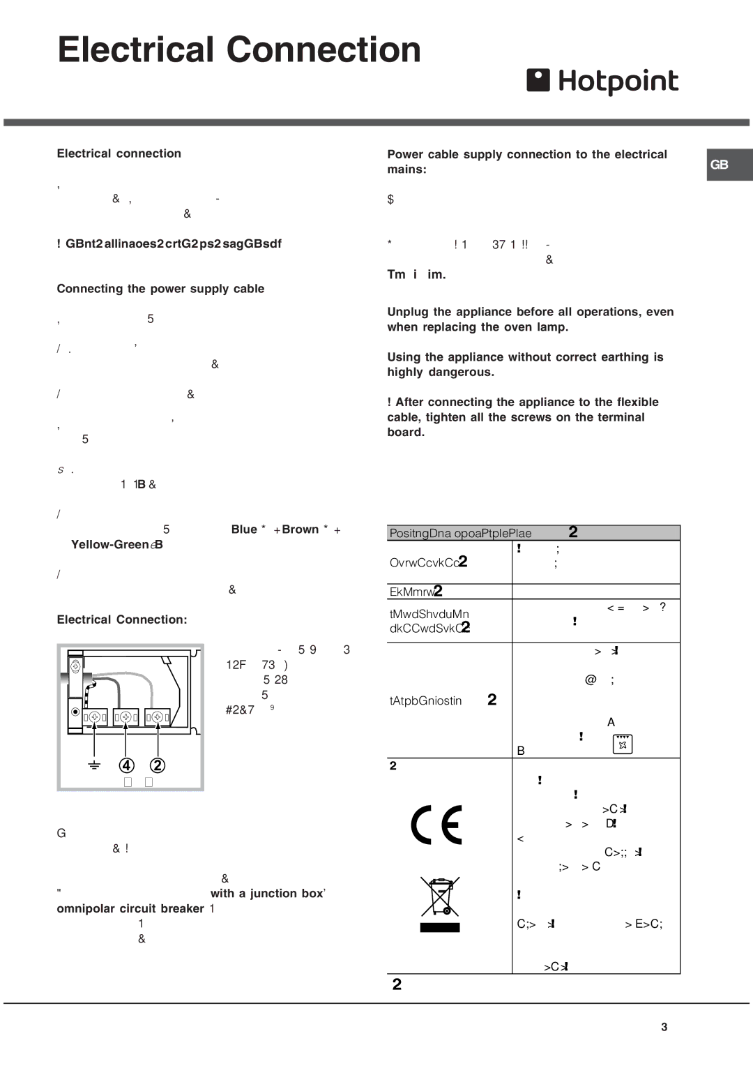 Hotpoint SE1032X operating instructions Electrical Connection, This Appliance Must be Earthed 