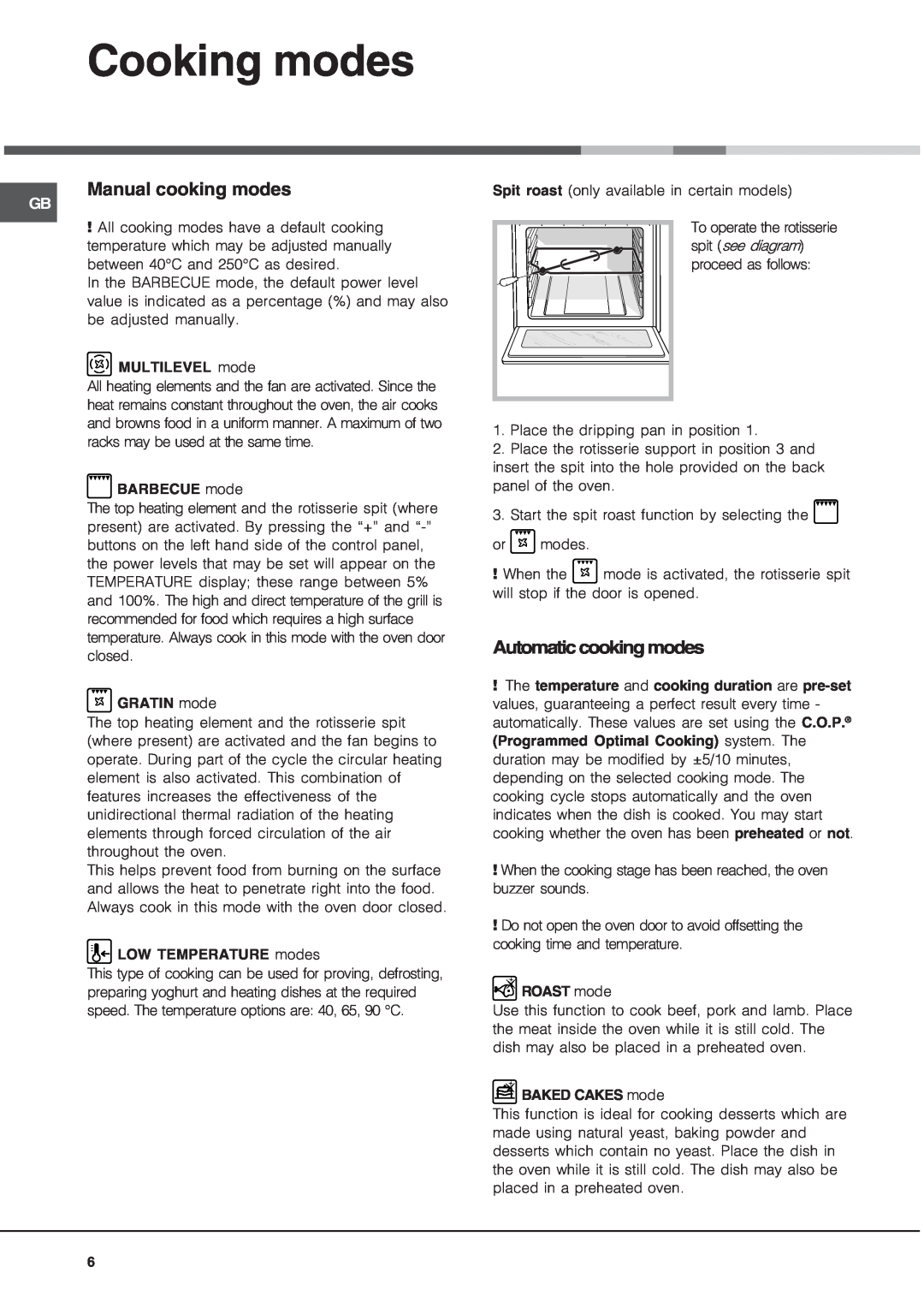 Hotpoint SE1032X operating instructions Cooking modes, Manual cooking modes, Automatic cooking modes 