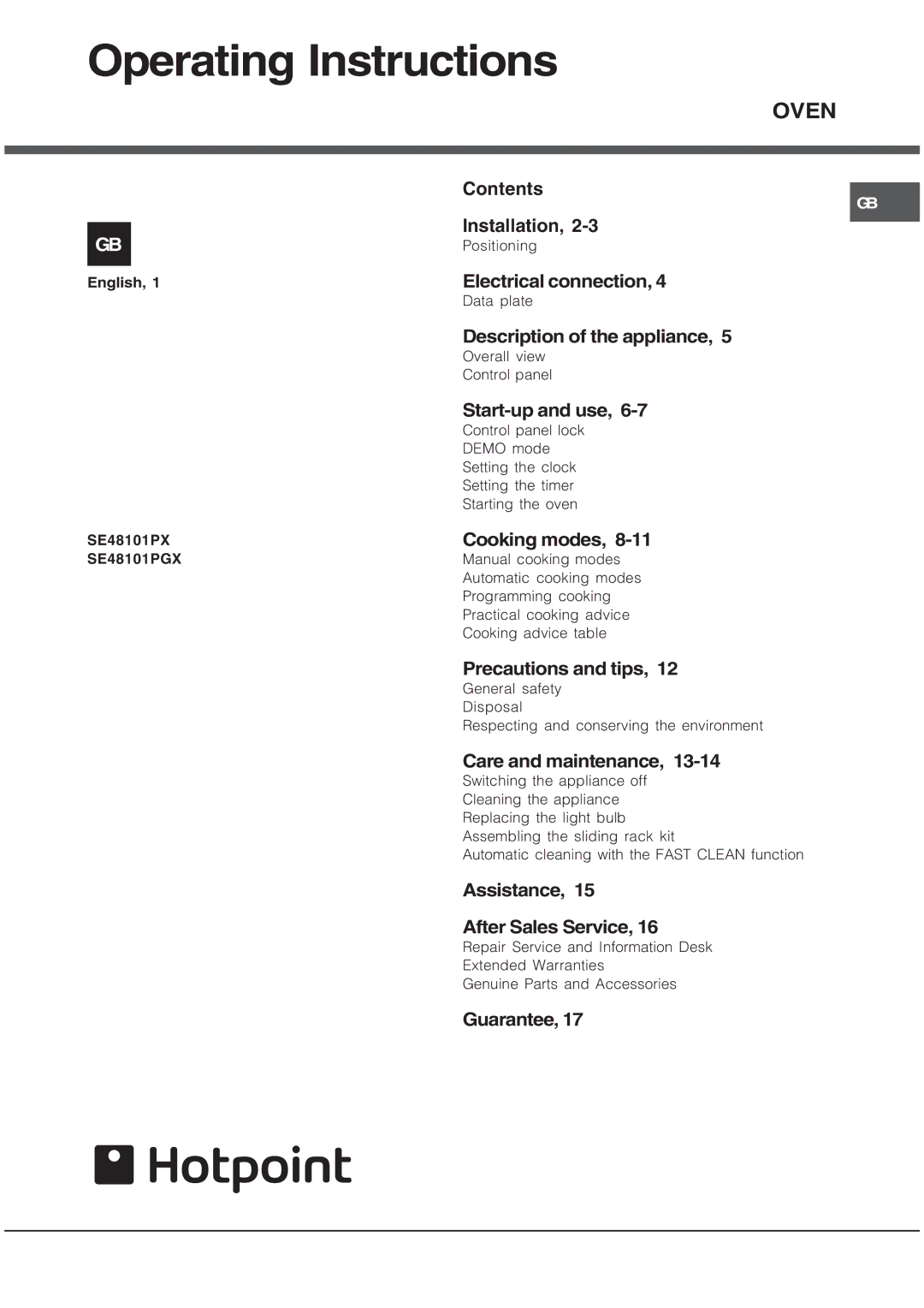 Hotpoint SE48101PGX manual Operating Instructions 