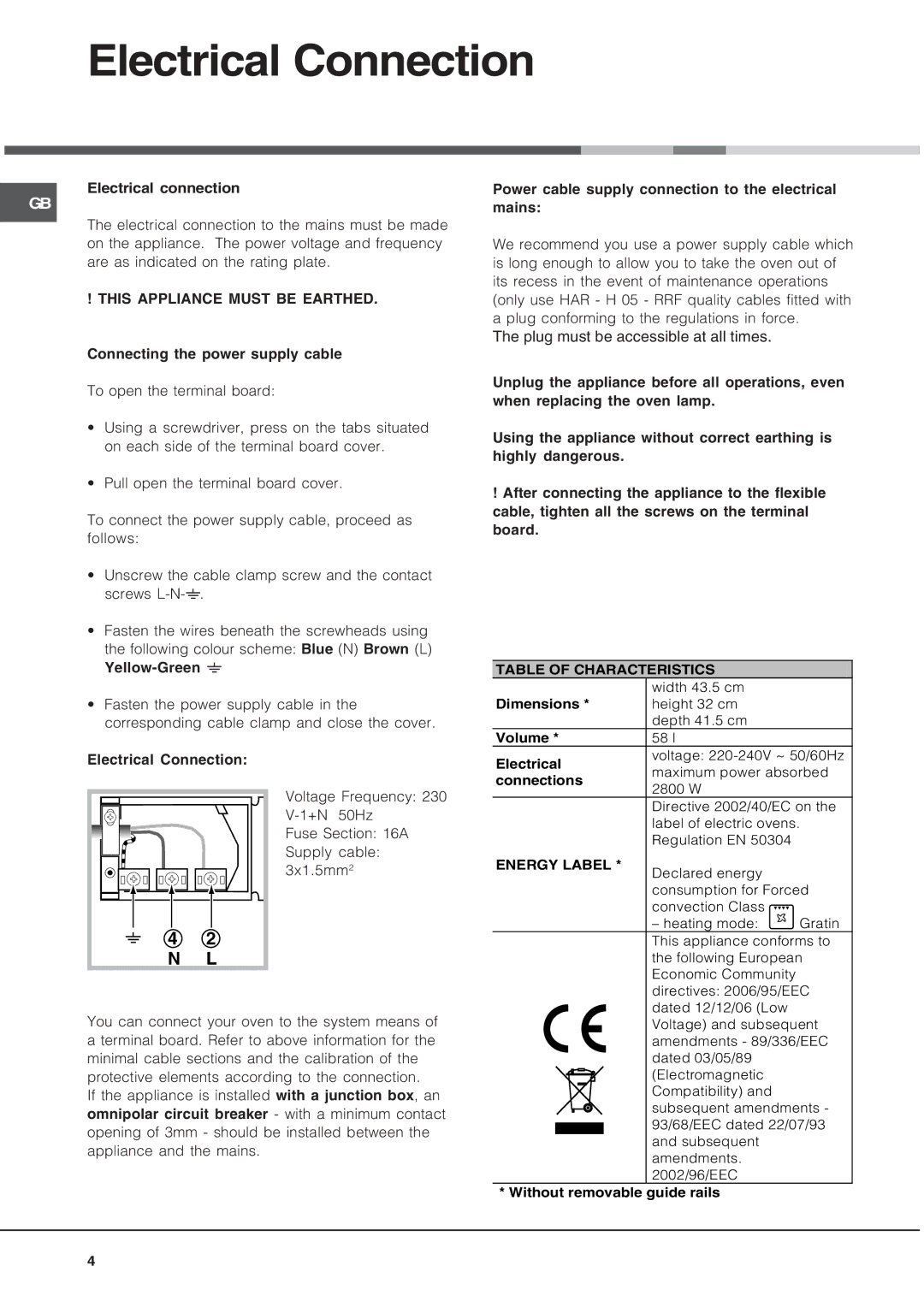 Hotpoint SE48101PGX manual Electrical Connection, This Appliance Must be Earthed 