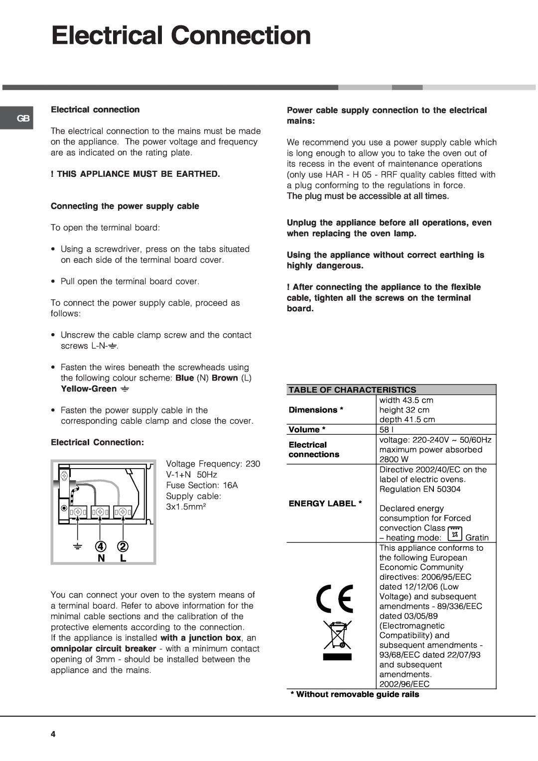 Hotpoint SE48101PGX manual Electrical Connection, 4 2 N L, The plug must be accessible at all times 