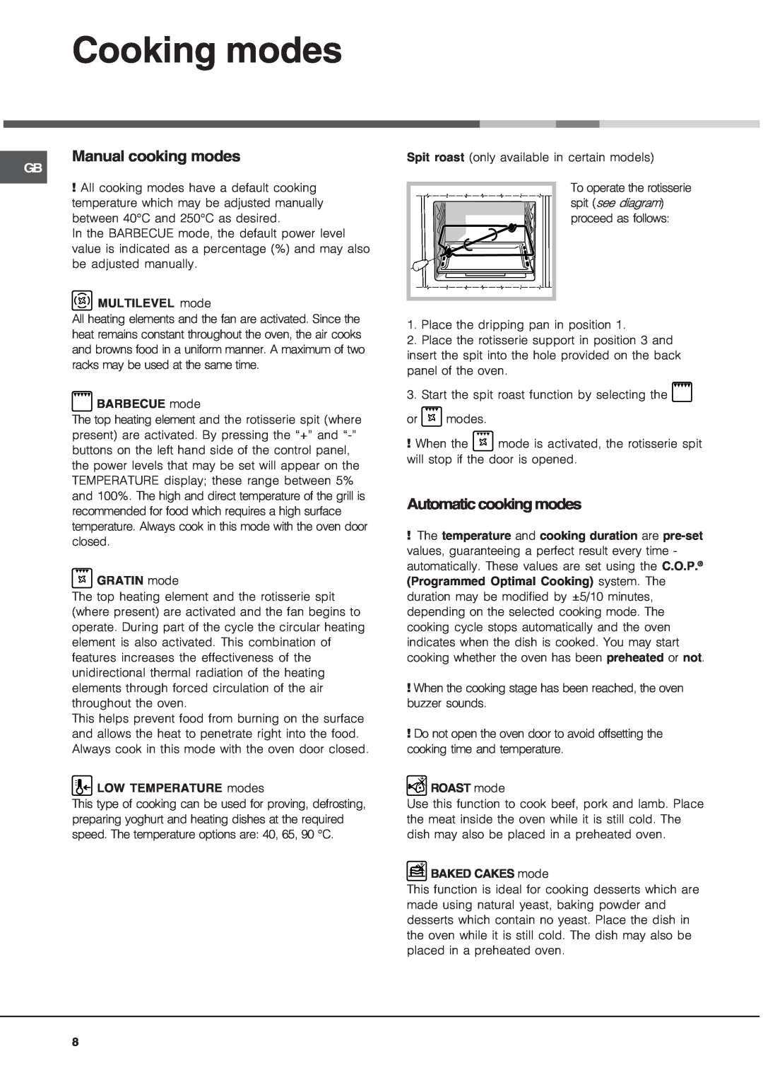 Hotpoint SE48101PGX manual Cooking modes, Manual cooking modes, Automatic cooking modes 