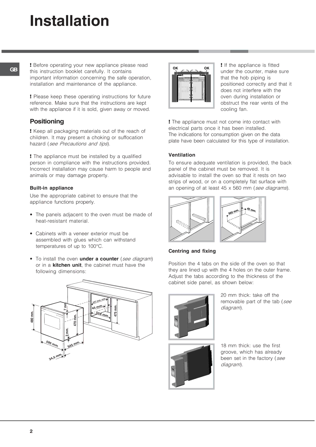 Hotpoint SE48101PX manual Installation, Positioning 