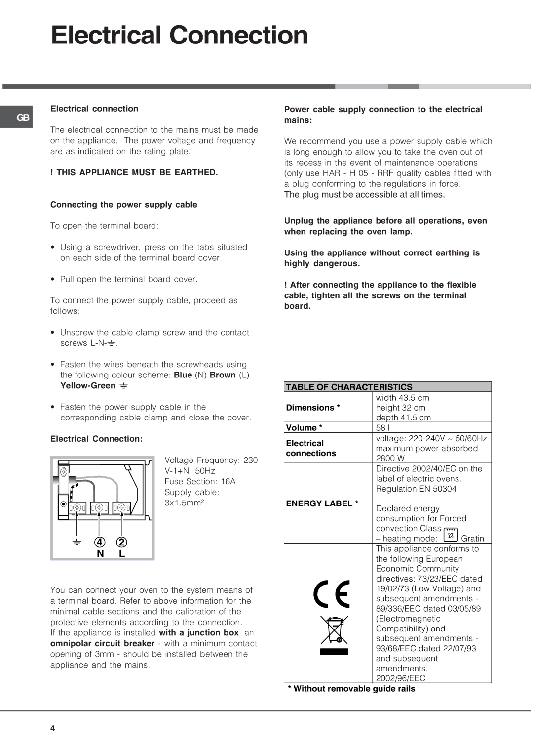 Hotpoint SE48101PX manual Electrical Connection, This Appliance Must be Earthed 