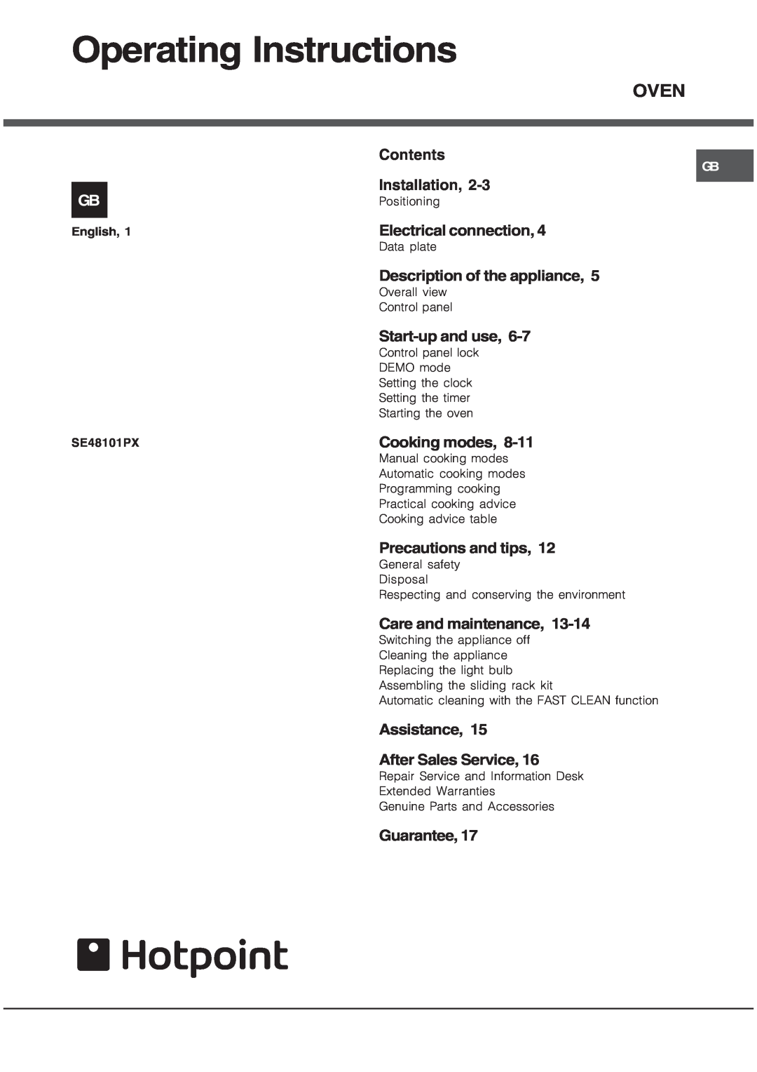 Hotpoint SE48101PX manual Operating Instructions, Oven 