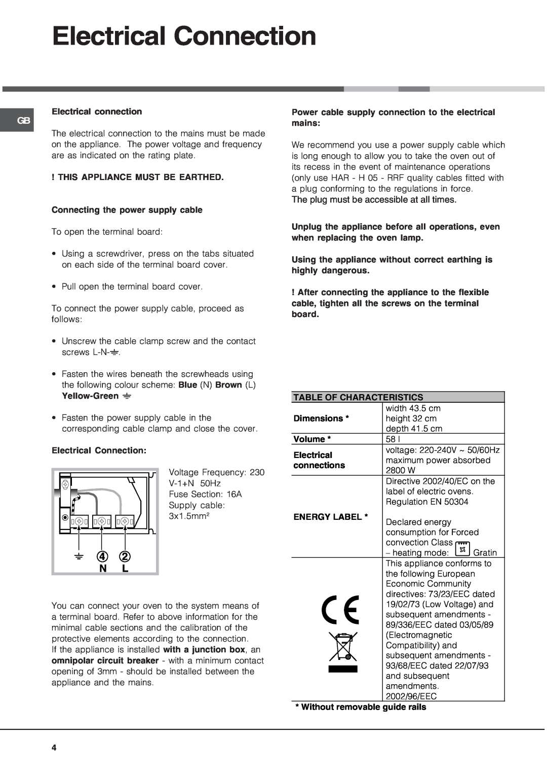 Hotpoint SE48101PX manual Electrical Connection, 4 2 N L, The plug must be accessible at all times 