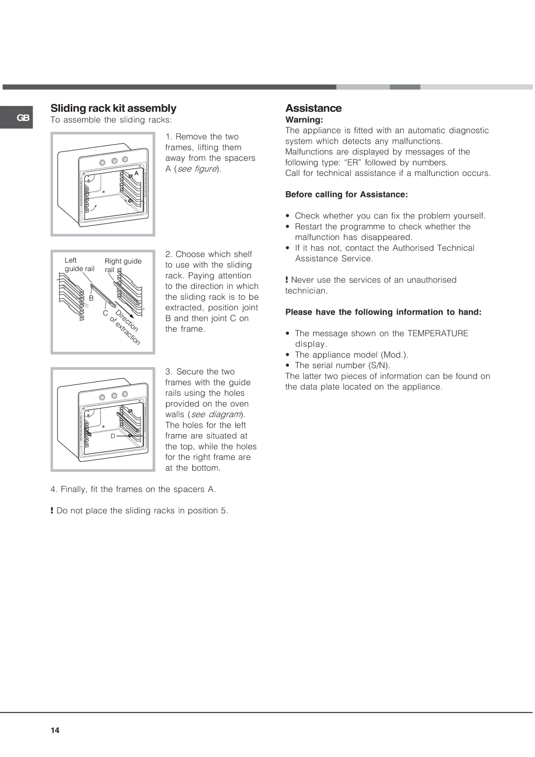 Hotpoint SE48R1012GX, SE48L1012GX, SE481012GX manual Sliding rack kit assembly, Assistance 