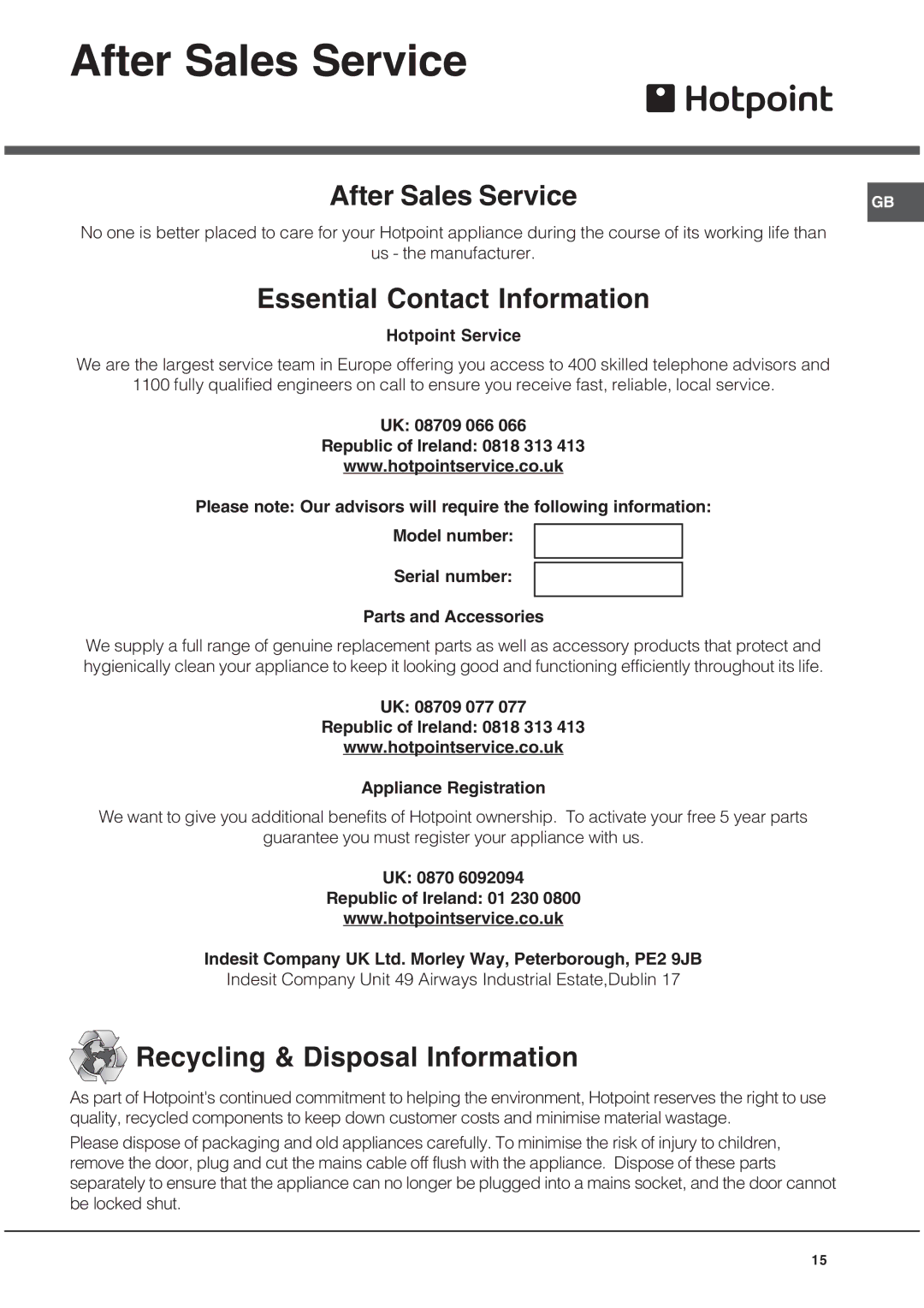 Hotpoint SE48L1012GX, SE481012GX, SE48R1012GX manual After Sales Service 