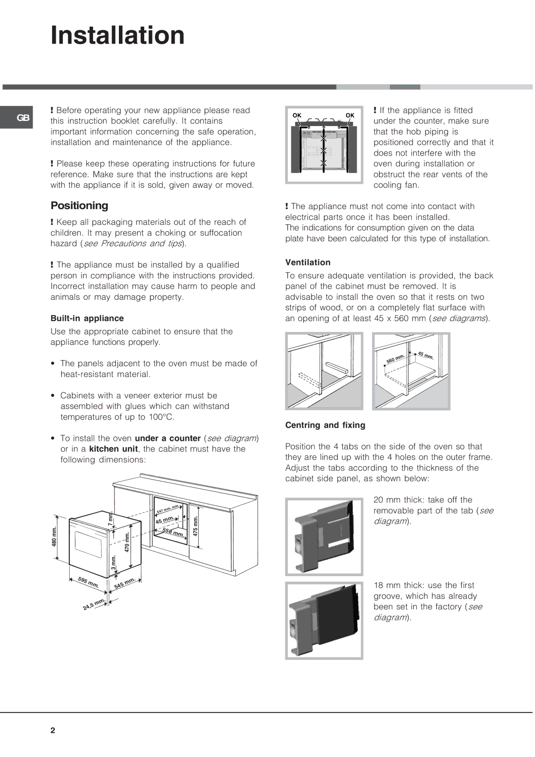 Hotpoint SE48R1012GX, SE48L1012GX, SE481012GX manual Installation, Positioning 