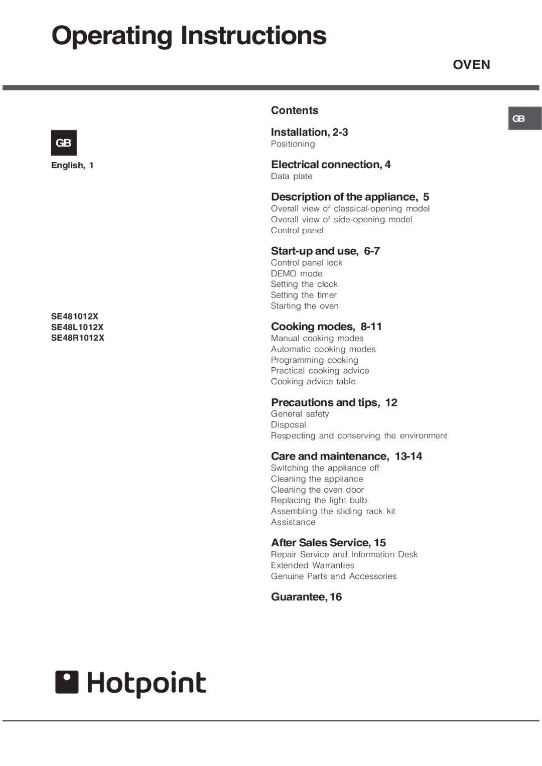 Hotpoint SE48R1012X, SE48L1012X, SE481012X manual Operating Instructions 