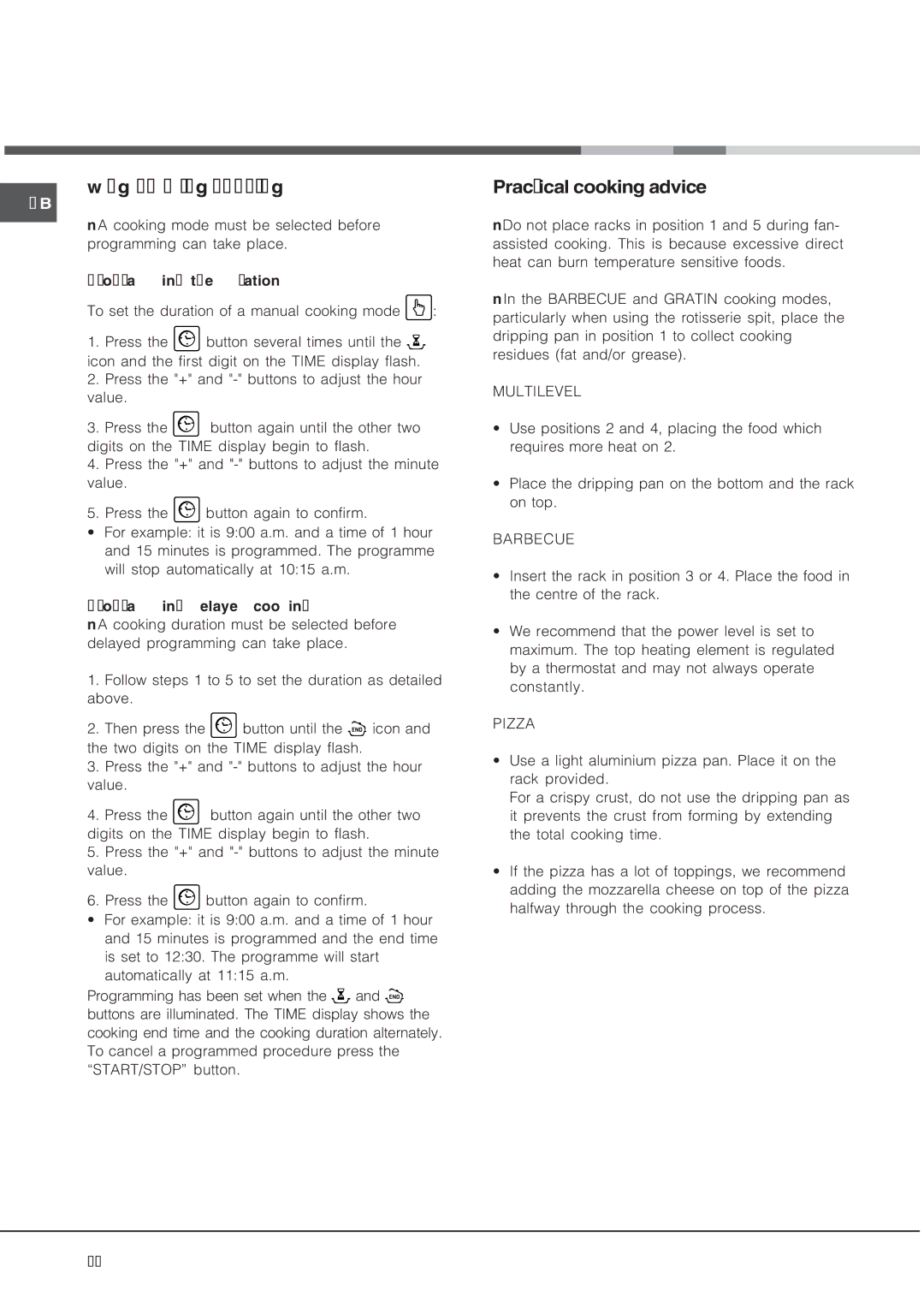 Hotpoint SE48R1012X, SE48L1012X, SE481012X manual Programming cooking, Practical cooking advice 