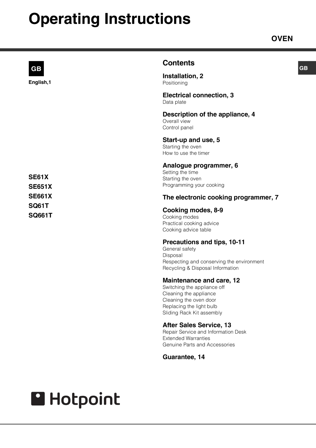 Hotpoint SE61X operating instructions Operating Instructions, Oven 