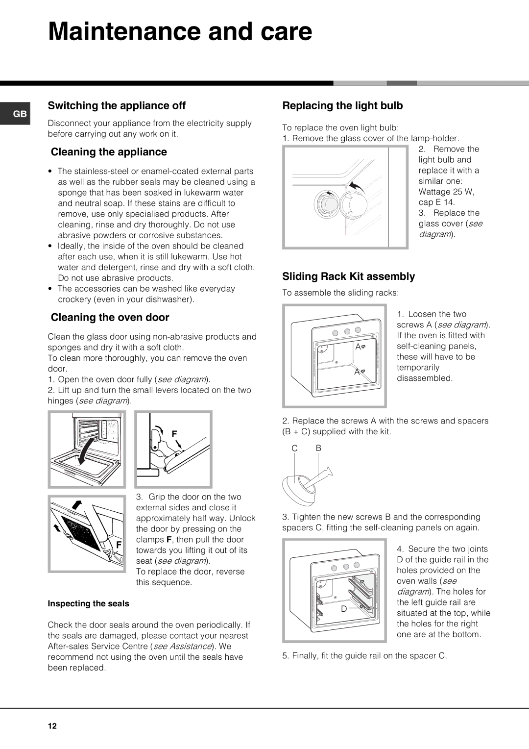 Hotpoint SE61X operating instructions Maintenance and care 