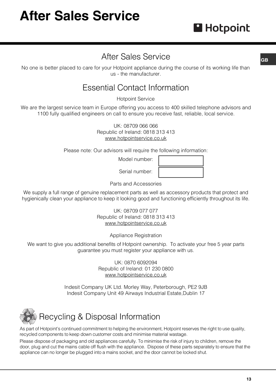 Hotpoint SE61X operating instructions After Sales Service 