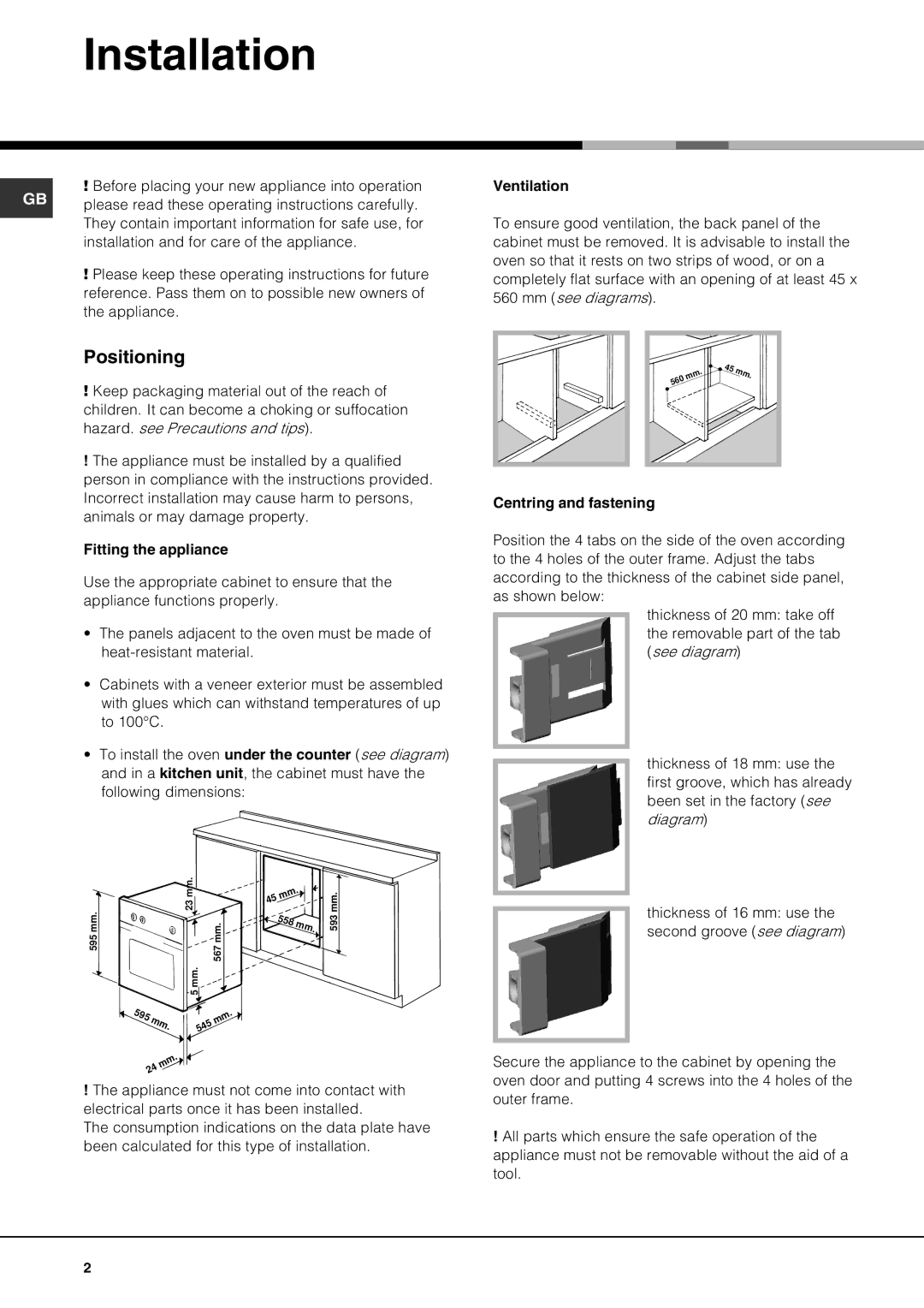 Hotpoint SE61X operating instructions Installation, Positioning 