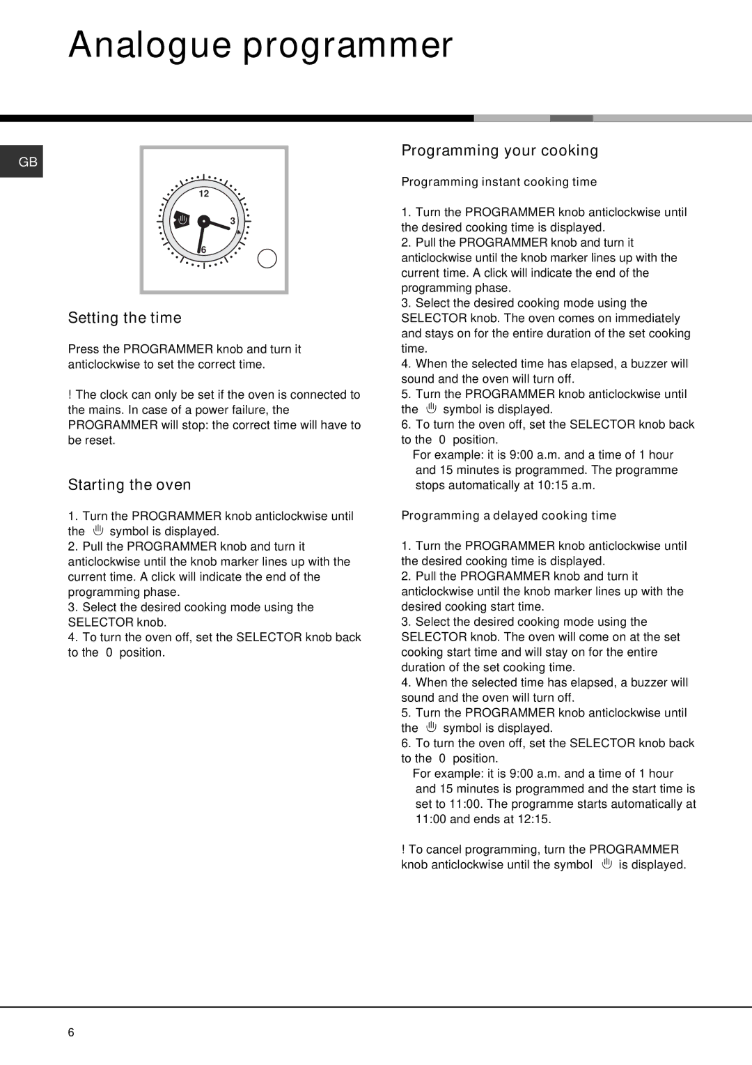 Hotpoint SE61X operating instructions Analogue programmer, Setting the time, Programming your cooking 