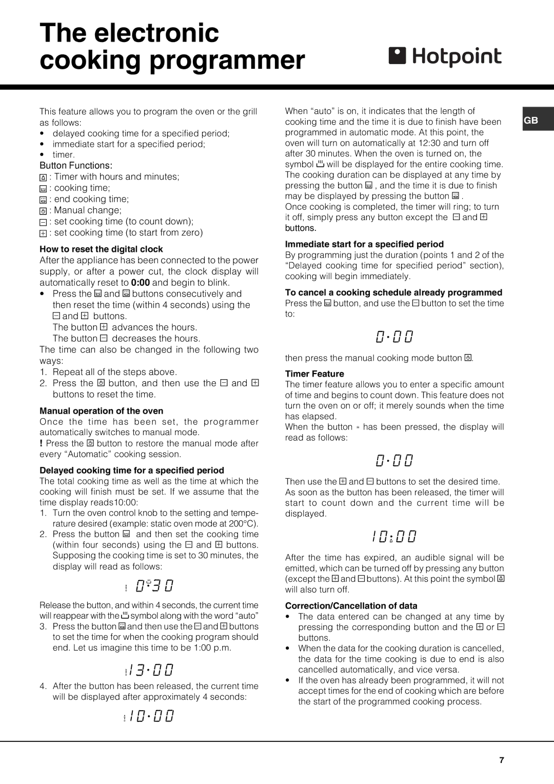 Hotpoint SE61X operating instructions Electronic cooking programmer, Display will read as follows 