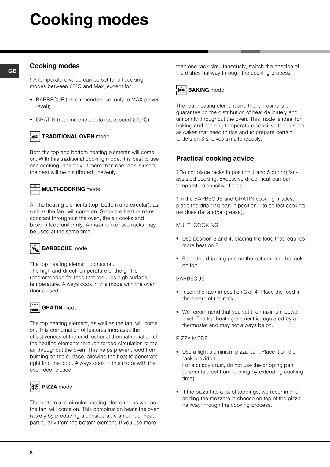 Hotpoint SE61X operating instructions Cooking modes, Practical cooking advice 