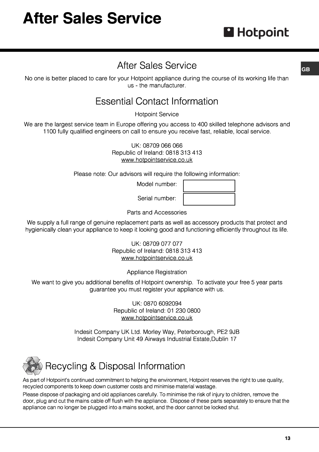 Hotpoint SE61X operating instructions After Sales Service, Essential Contact Information, Recycling & Disposal Information 