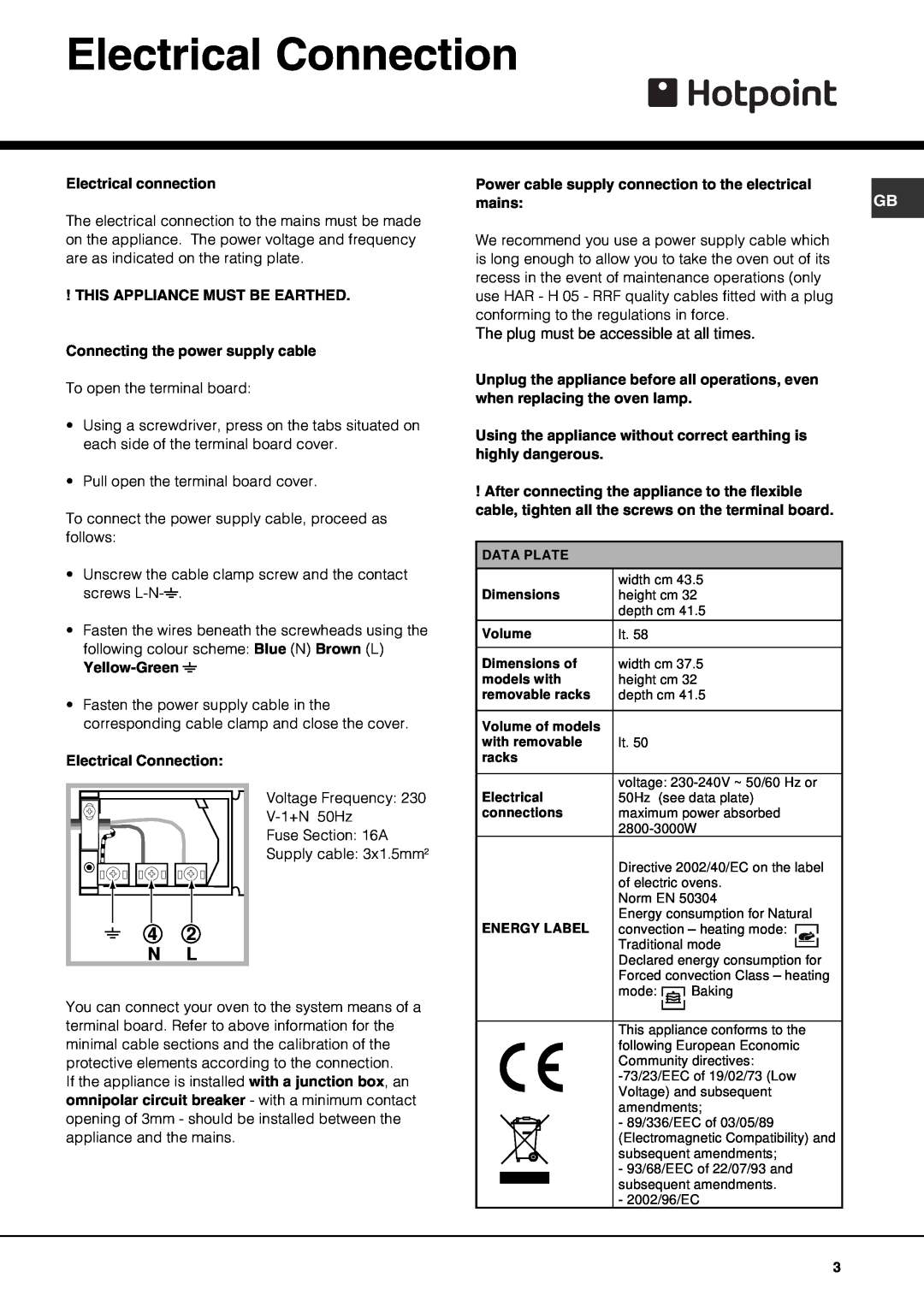 Hotpoint SE61X operating instructions Electrical Connection, 4 2 N L 