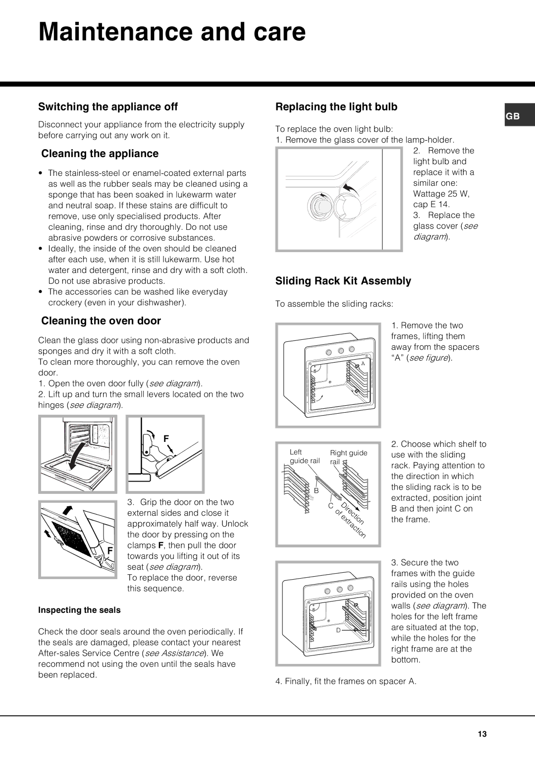 Hotpoint SE861X manual Maintenance and care 