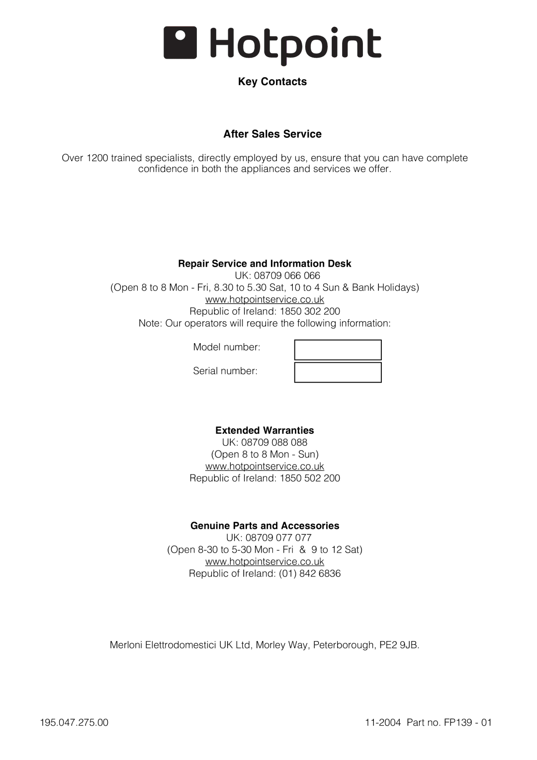 Hotpoint SE861X manual Key Contacts After Sales Service 