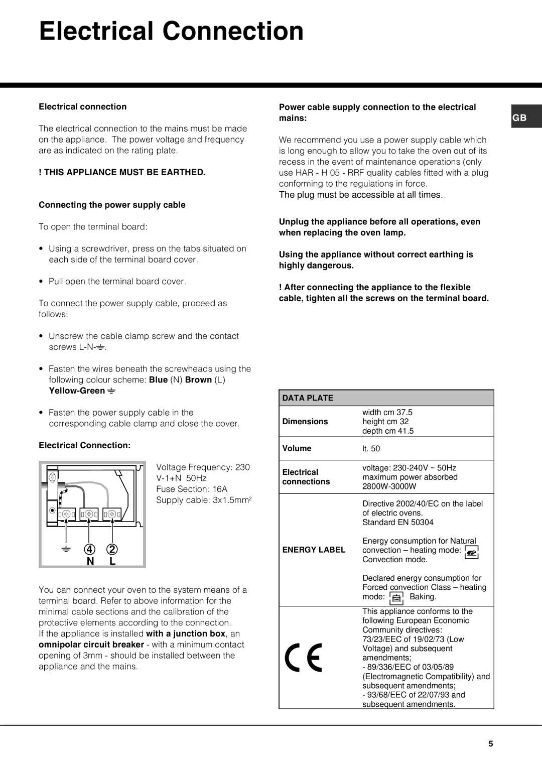 Hotpoint SE861X manual Electrical Connection, This Appliance Must be Earthed 