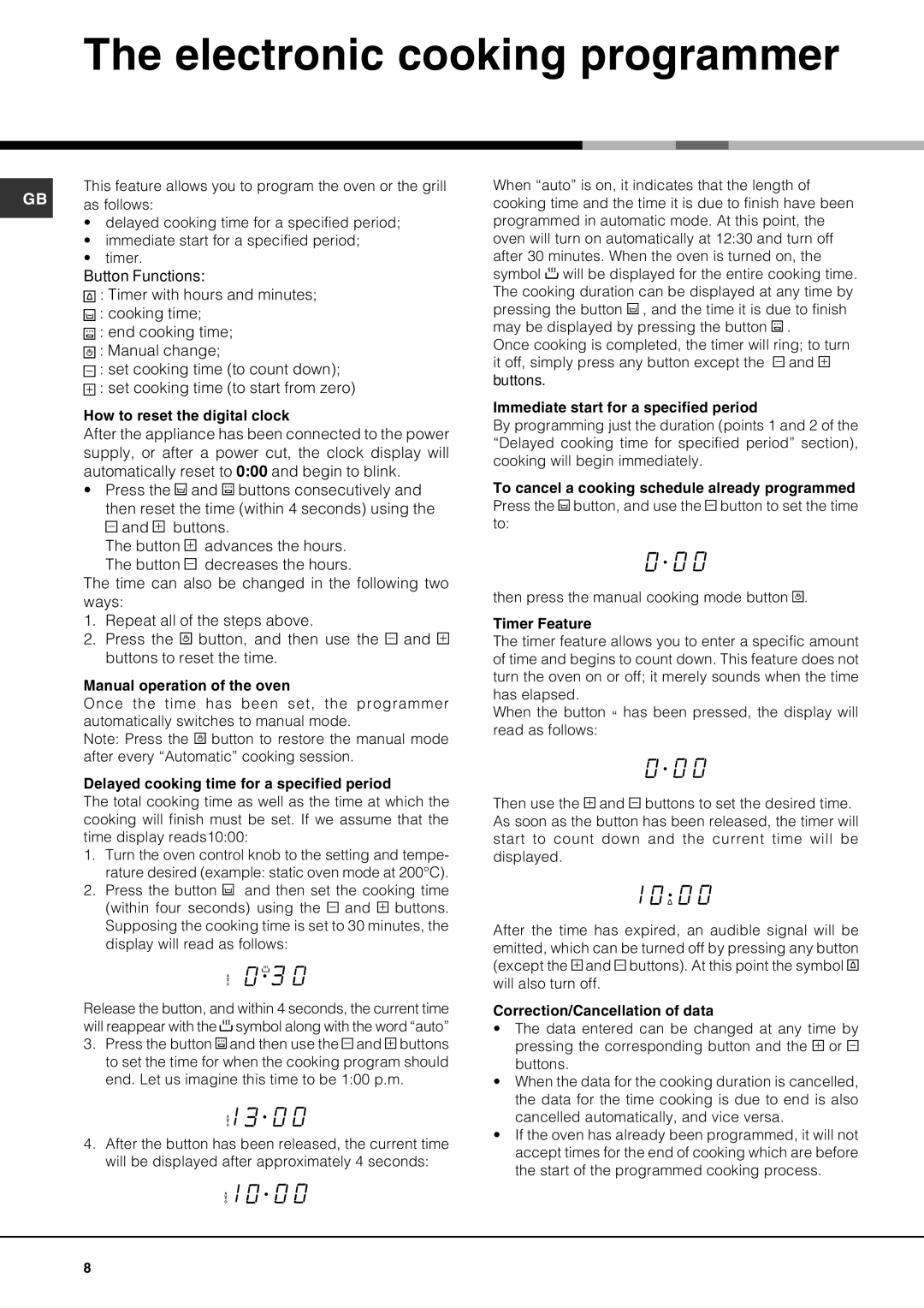 Hotpoint SE861X manual Electronic cooking programmer, Time display reads1000 