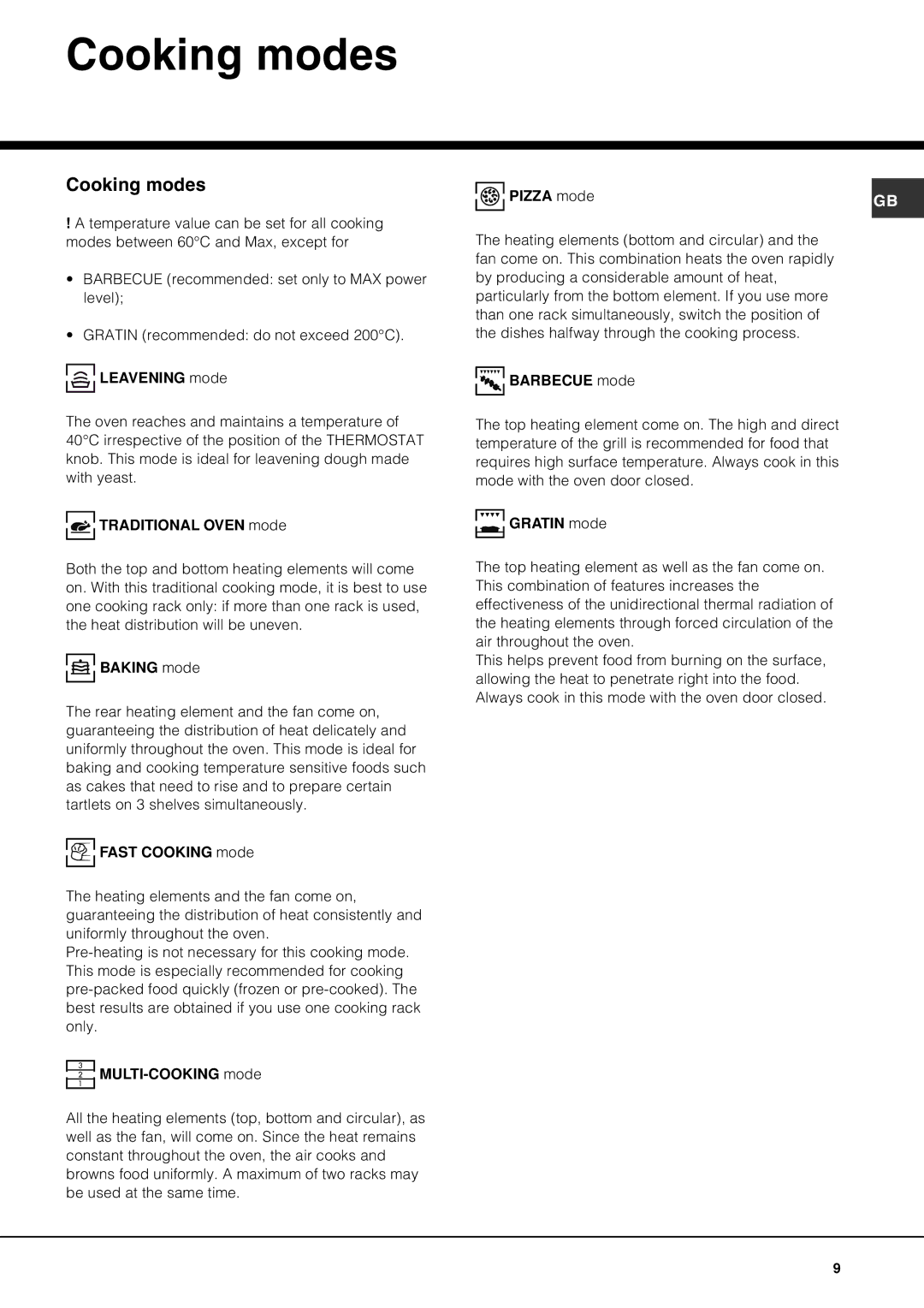 Hotpoint SE861X manual Cooking modes 